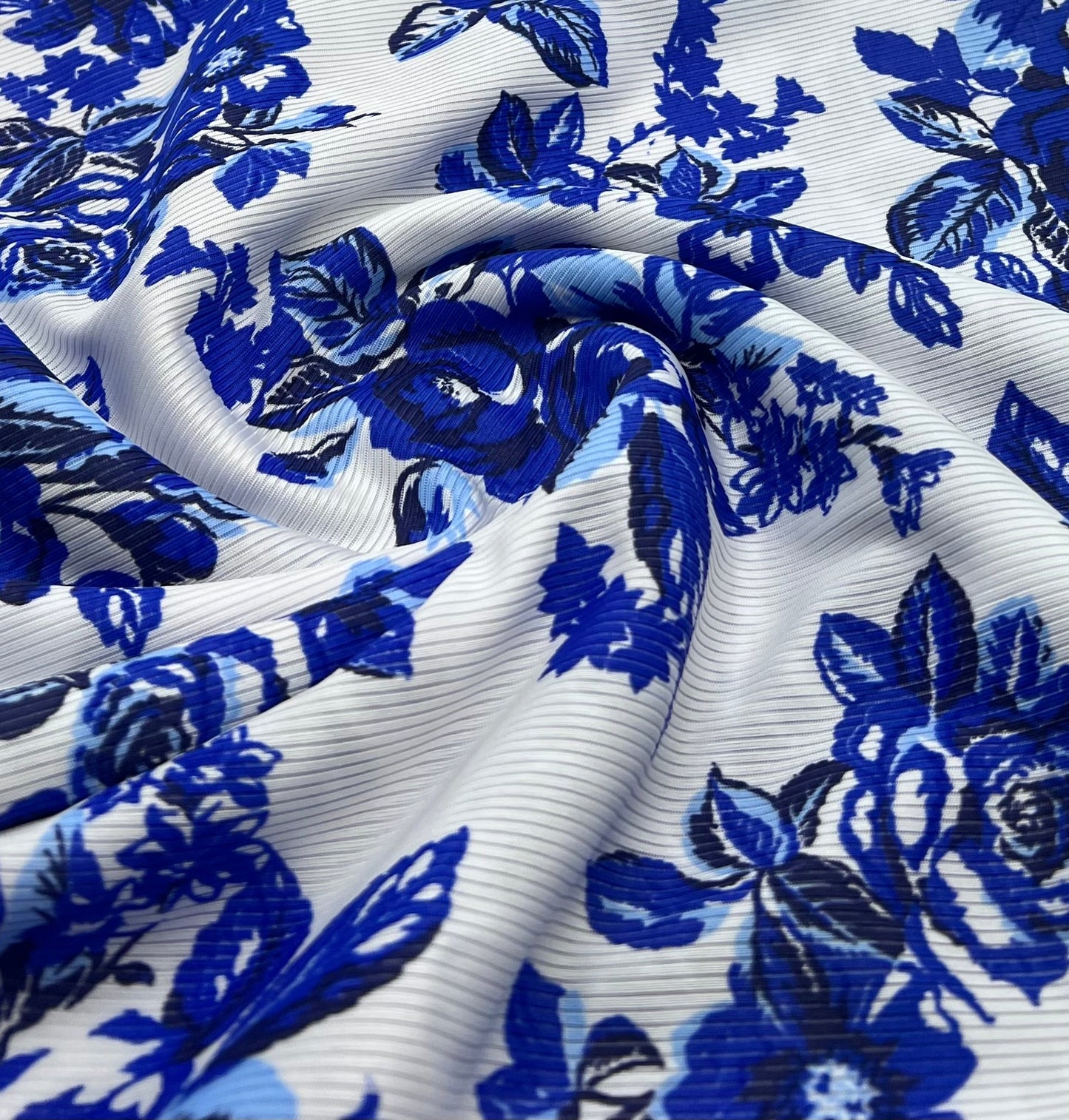 Blue Floral Print 2X1 Fine Rib Stretch Fabric - T9 Fabrics