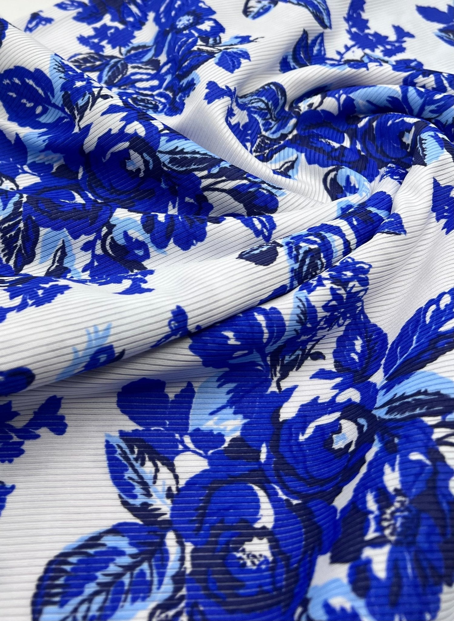 Blue Floral Print 2X1 Fine Rib Stretch Fabric - T9 Fabrics