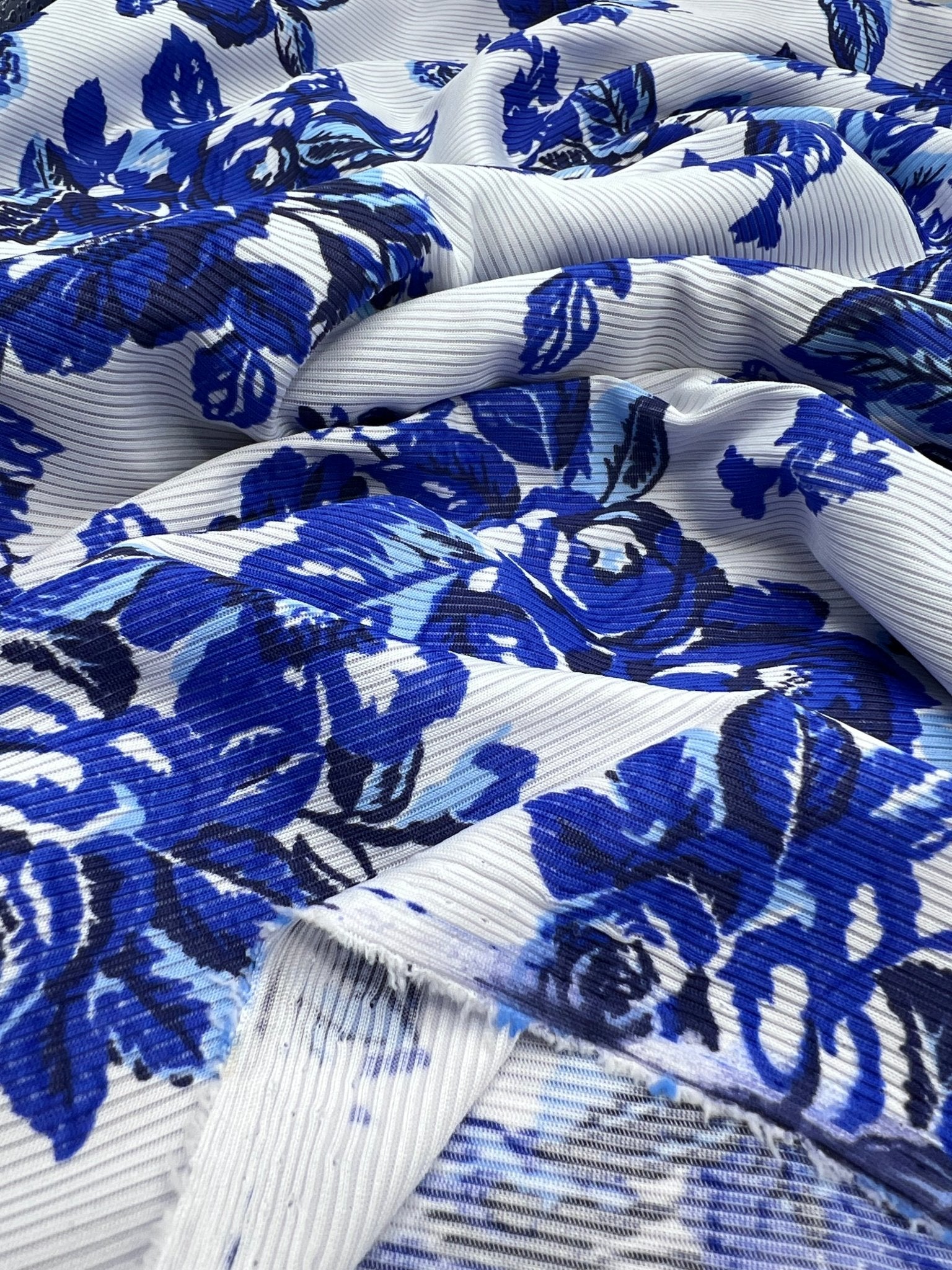 Blue Floral Print 2X1 Fine Rib Stretch Fabric - T9 Fabrics