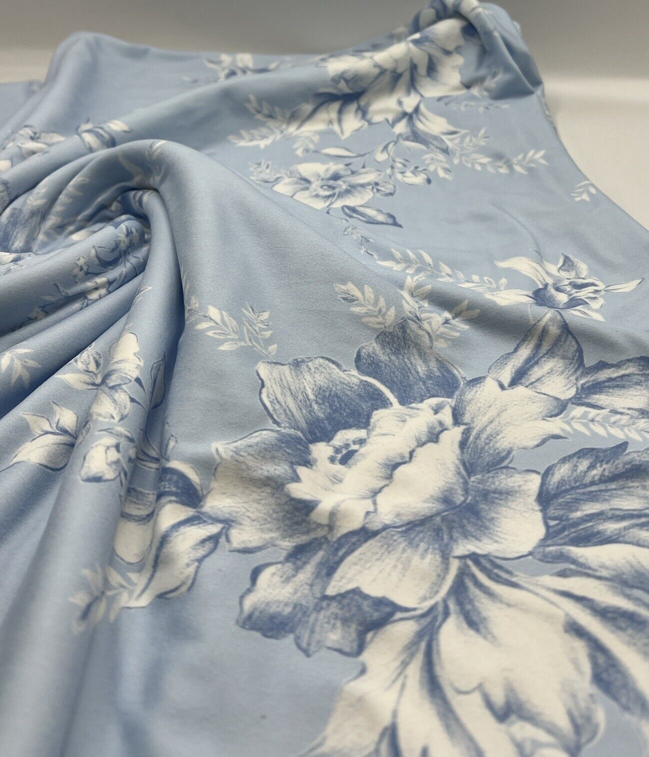 Blue Floral Print Super Soft Spun Poly Stretch Fabric - T9 Fabrics