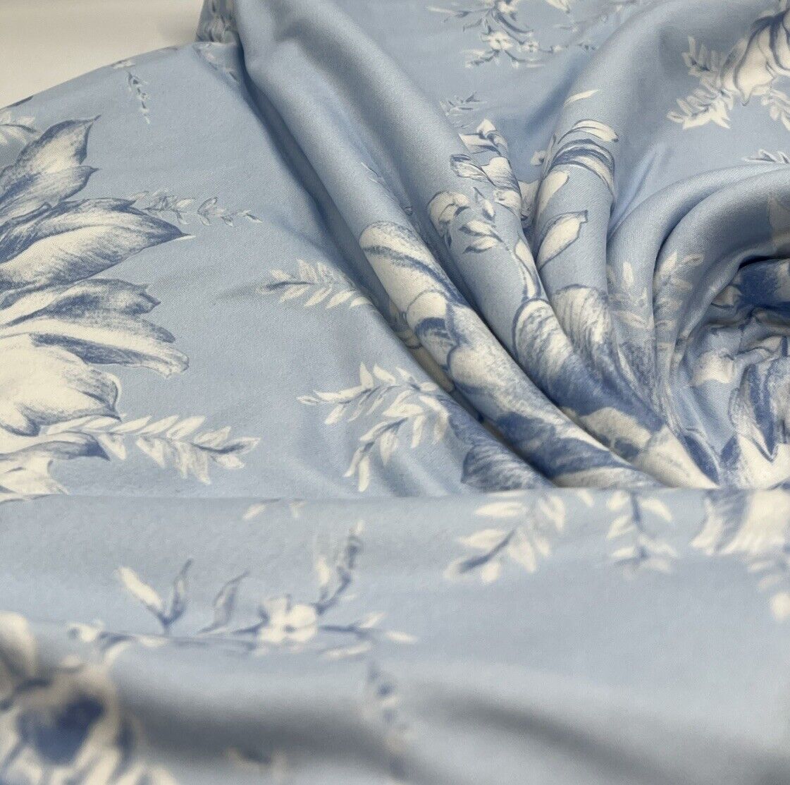 Blue Floral Print Super Soft Spun Poly Stretch Fabric - T9 Fabrics