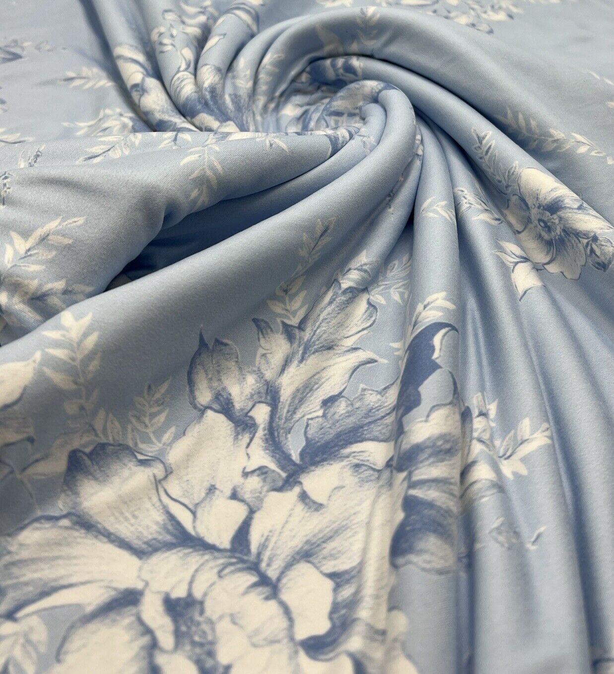 Blue Floral Print Super Soft Spun Poly Stretch Fabric - T9 Fabrics