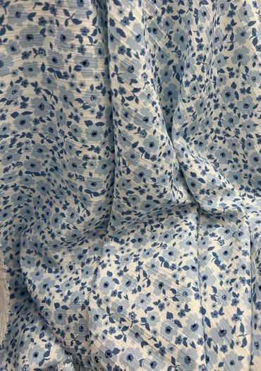 Blue Floral Textured Crinkle Lightweight Non Stretch Fabric - T9 Fabrics