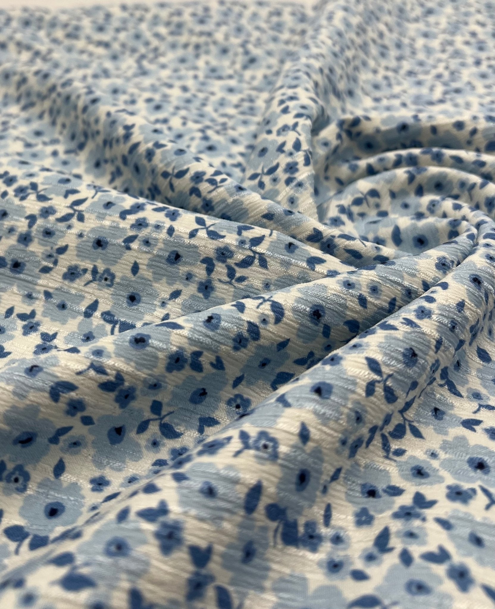 Blue Floral Textured Crinkle Lightweight Non Stretch Fabric - T9 Fabrics
