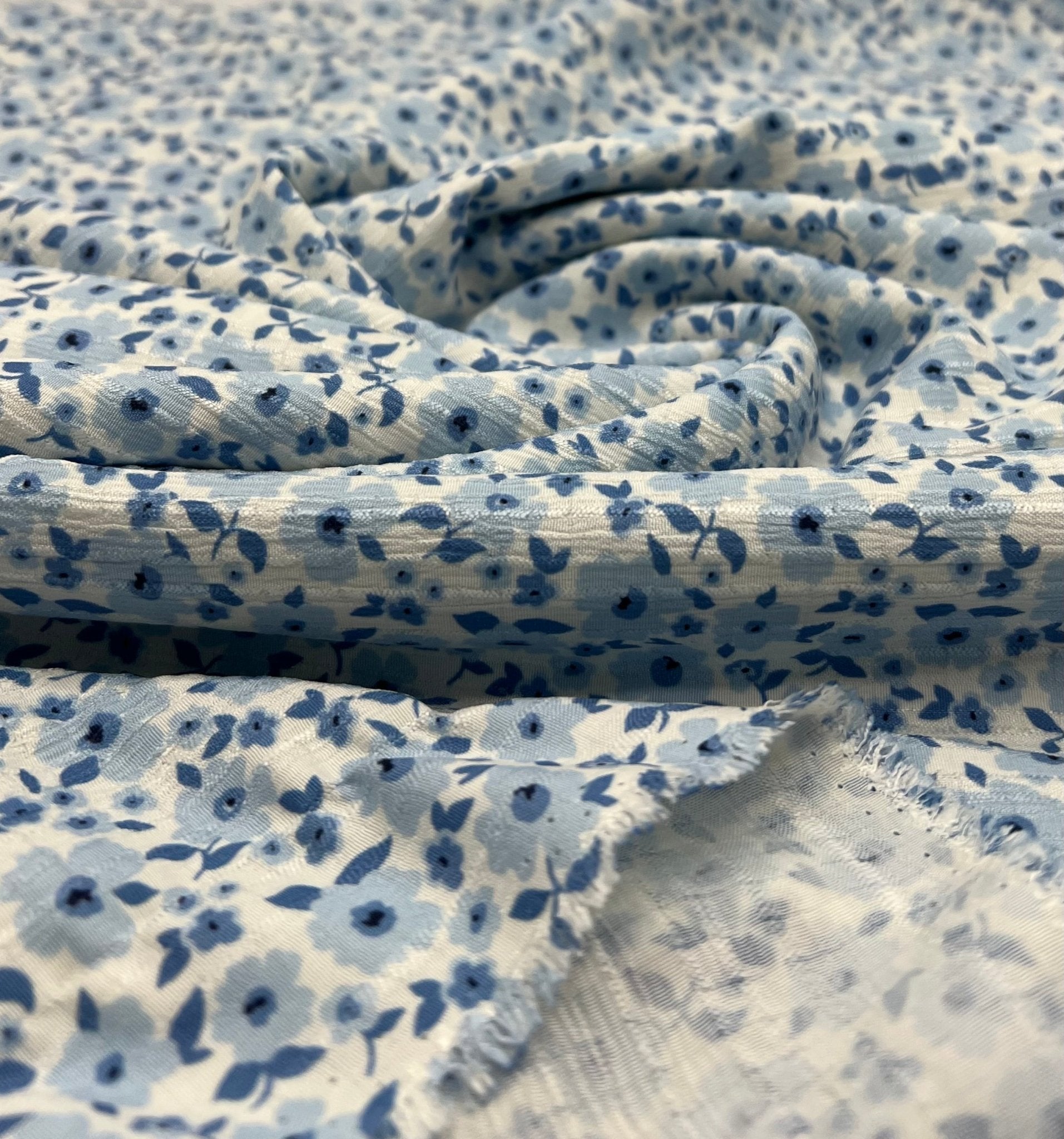 Blue Floral Textured Crinkle Lightweight Non Stretch Fabric - T9 Fabrics