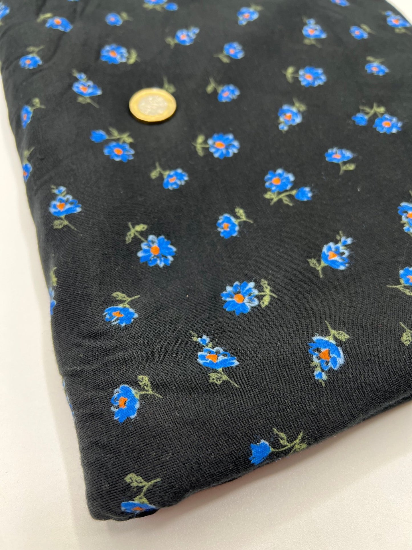 Blue Flower On Black Print Viscose Elastane Fabric - T9 Fabrics