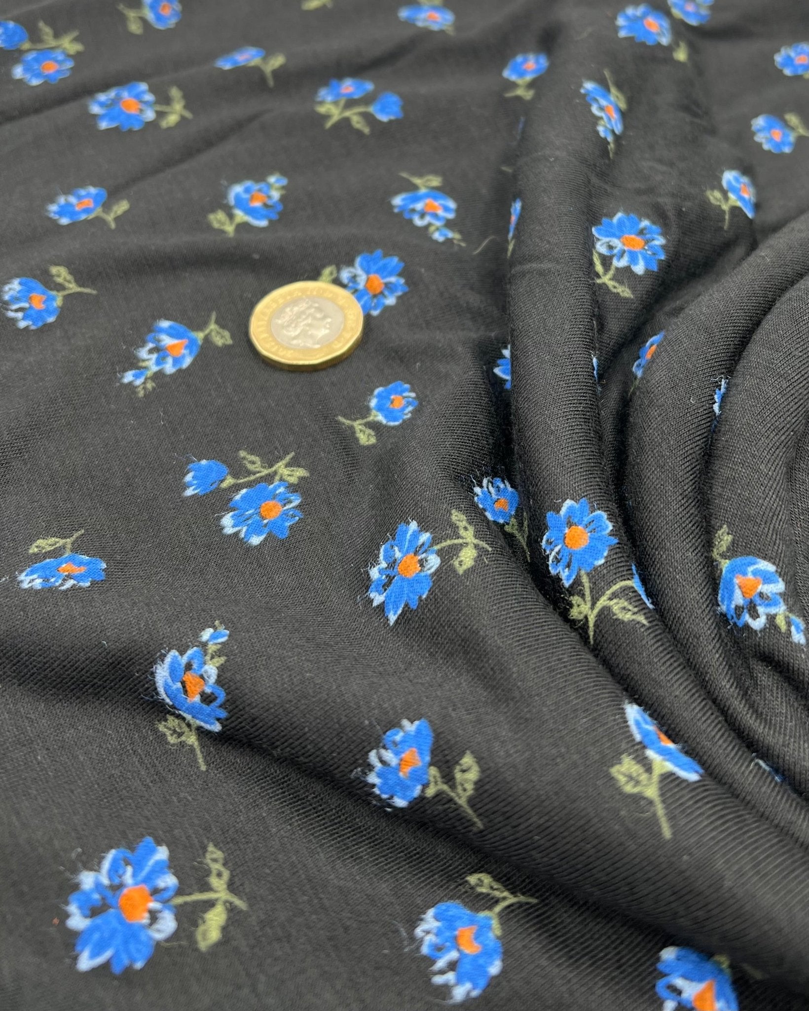 Blue Flower On Black Print Viscose Elastane Fabric - T9 Fabrics