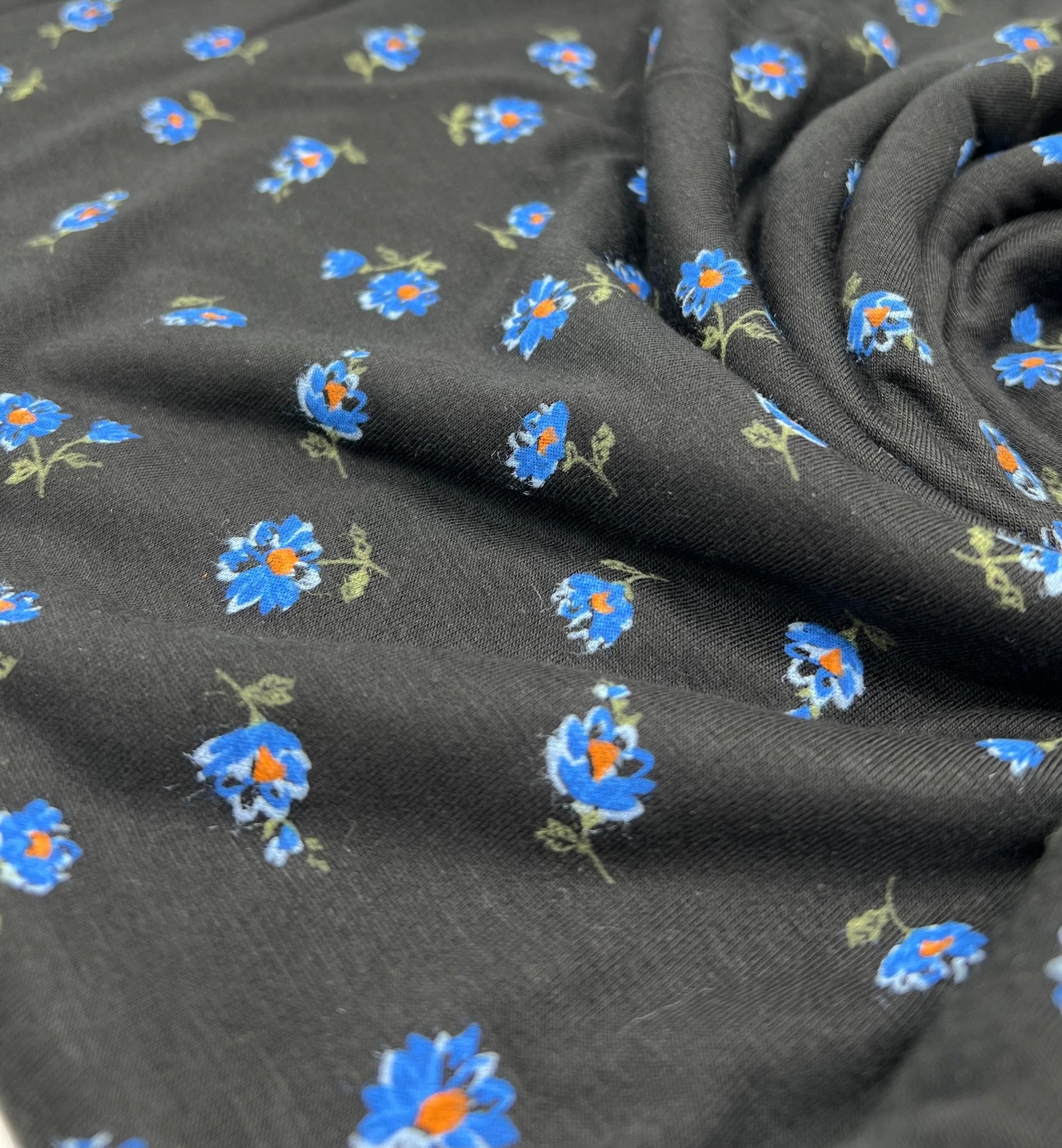 Blue Flower On Black Print Viscose Elastane Fabric - T9 Fabrics