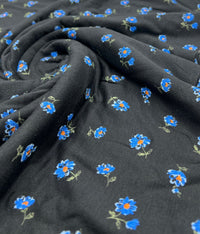 Blue Flower On Black Print Viscose Elastane Fabric - T9 Fabrics