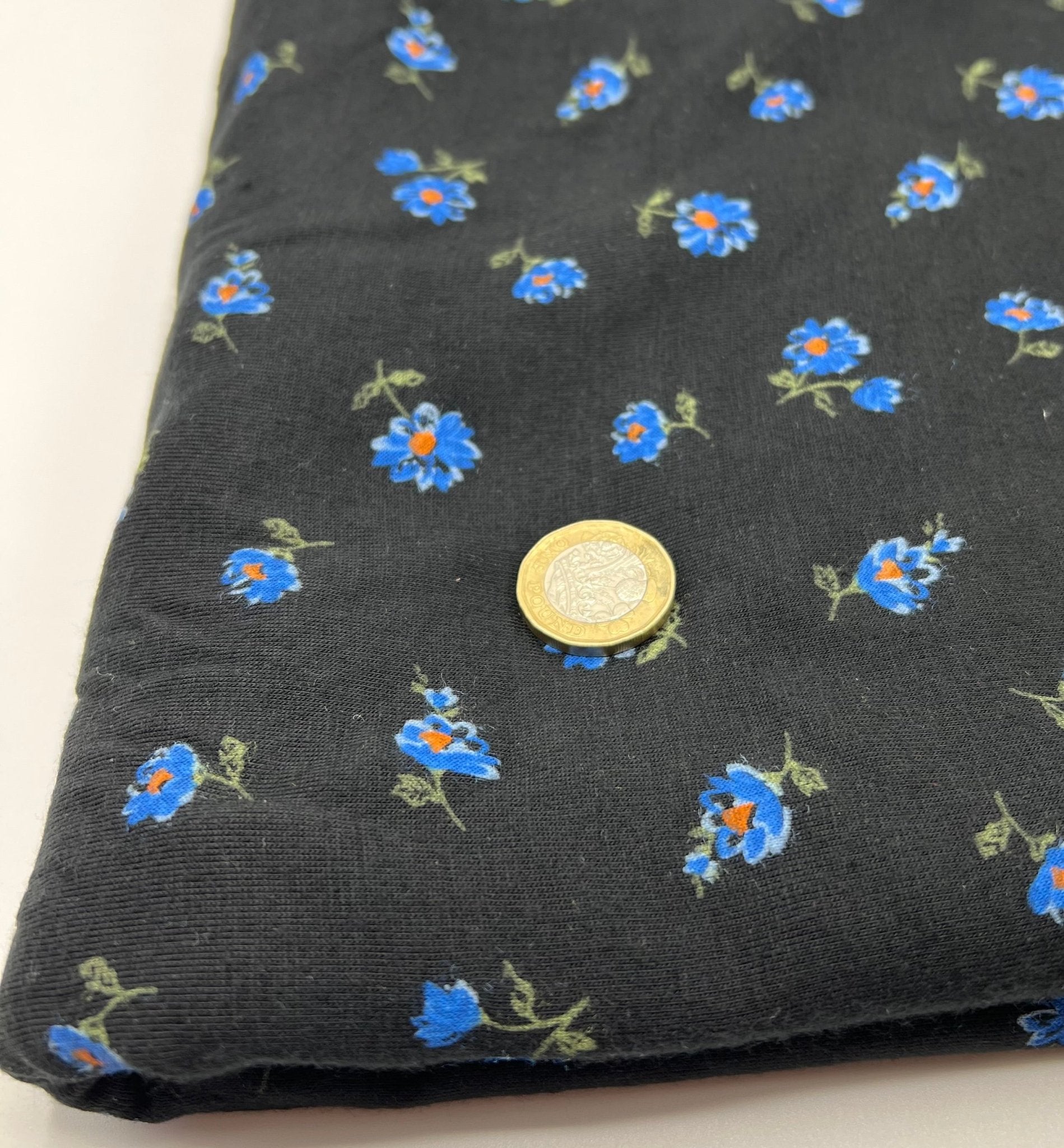 Blue Flower On Black Print Viscose Elastane Fabric - T9 Fabrics