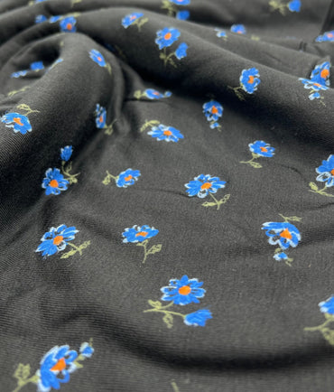 Blue Flower On Black Print Viscose Elastane Fabric - T9 Fabrics