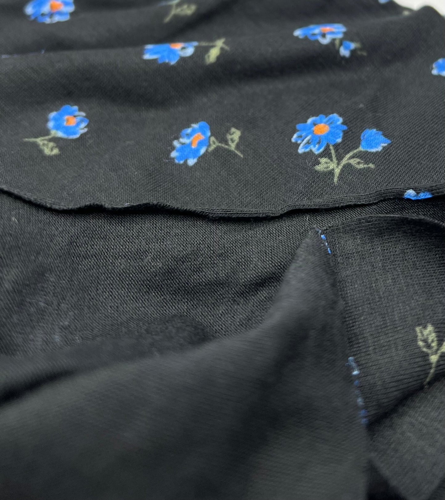 Blue Flower On Black Print Viscose Elastane Fabric - T9 Fabrics