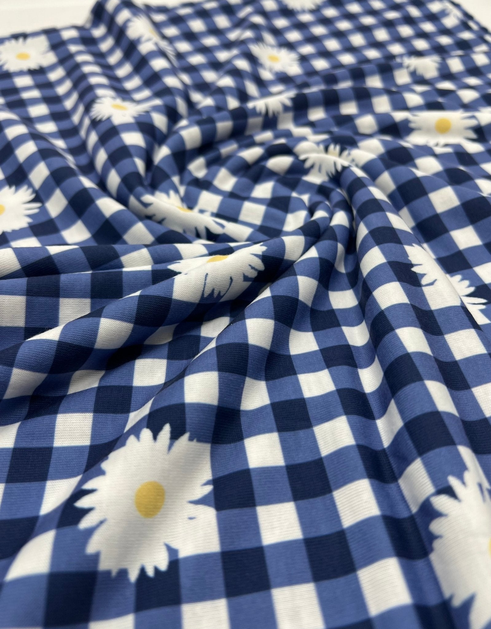 Blue Gingham Daisy Print Soft Spun Poly Stretch Fabric - T9 Fabrics