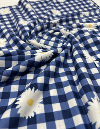 Blue Gingham Daisy Print Soft Spun Poly Stretch Fabric - T9 Fabrics