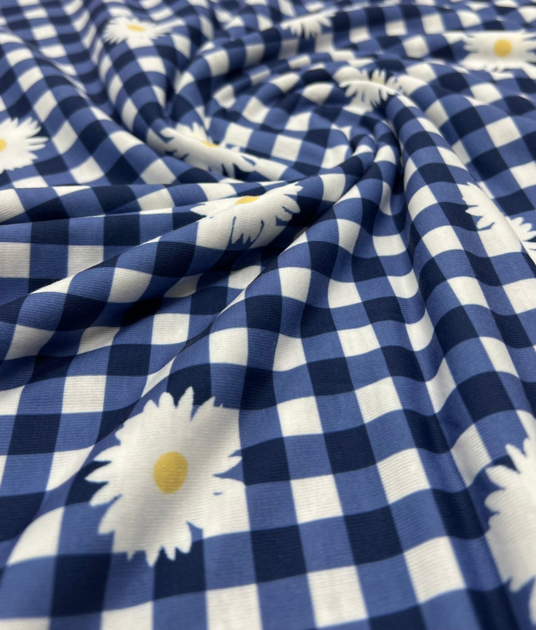 Blue Gingham Daisy Print Soft Spun Poly Stretch Fabric - T9 Fabrics