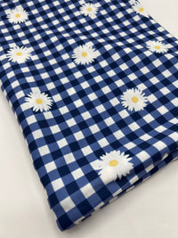 Blue Gingham Daisy Print Soft Spun Poly Stretch Fabric - T9 Fabrics