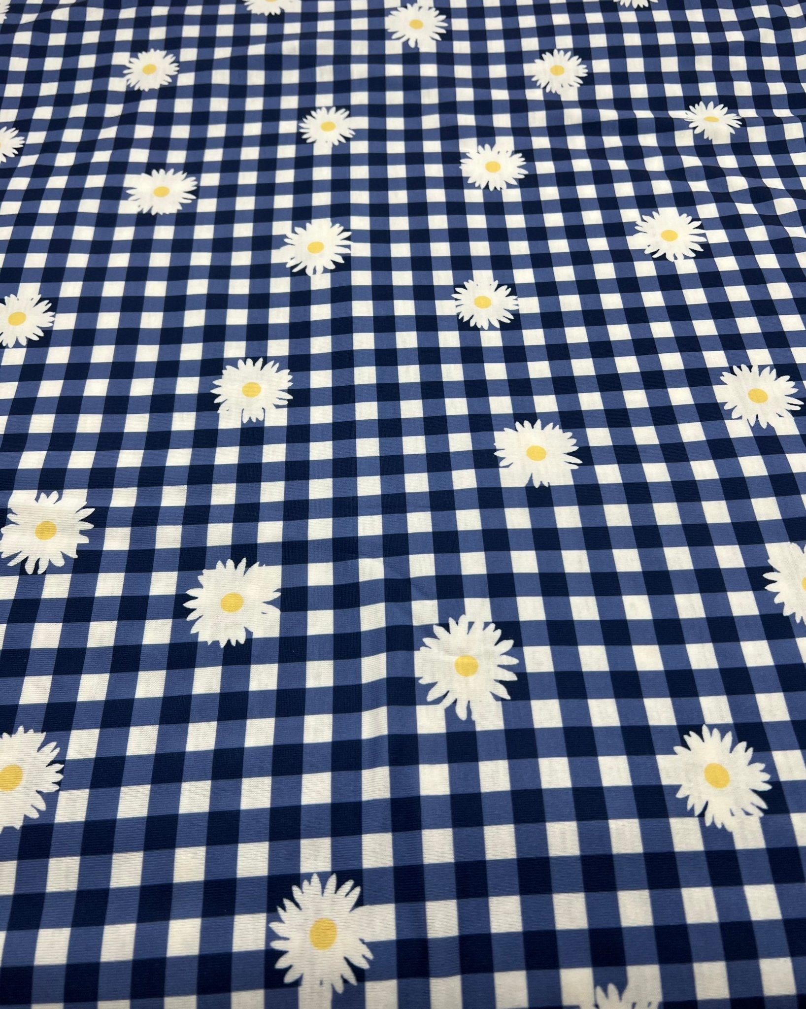 Blue Gingham Daisy Print Soft Spun Poly Stretch Fabric - T9 Fabrics