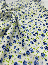 Blue Ivory Floral Print Viscose Elastane Fabric - T9 Fabrics