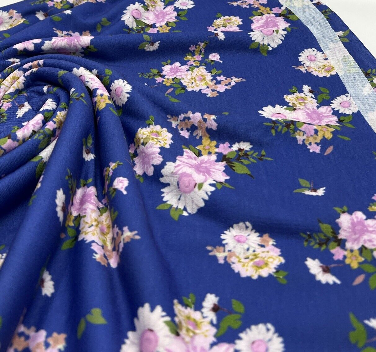 Blue Lilac Floral Print Spun Poly Stretch Fabric - T9 Fabrics