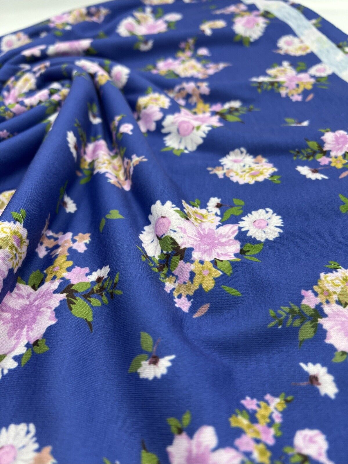 Blue Lilac Floral Print Spun Poly Stretch Fabric - T9 Fabrics