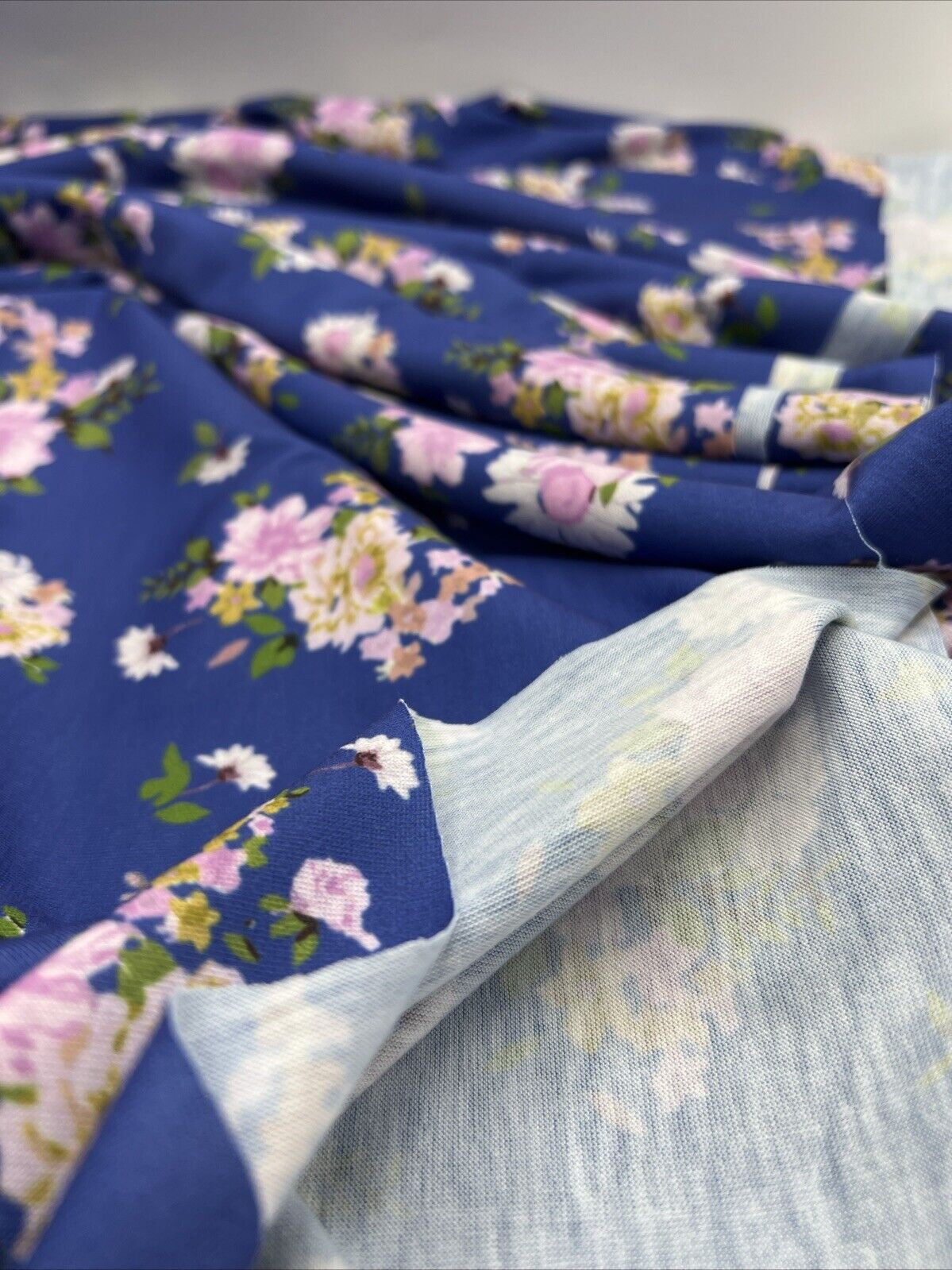 Blue Lilac Floral Print Spun Poly Stretch Fabric - T9 Fabrics