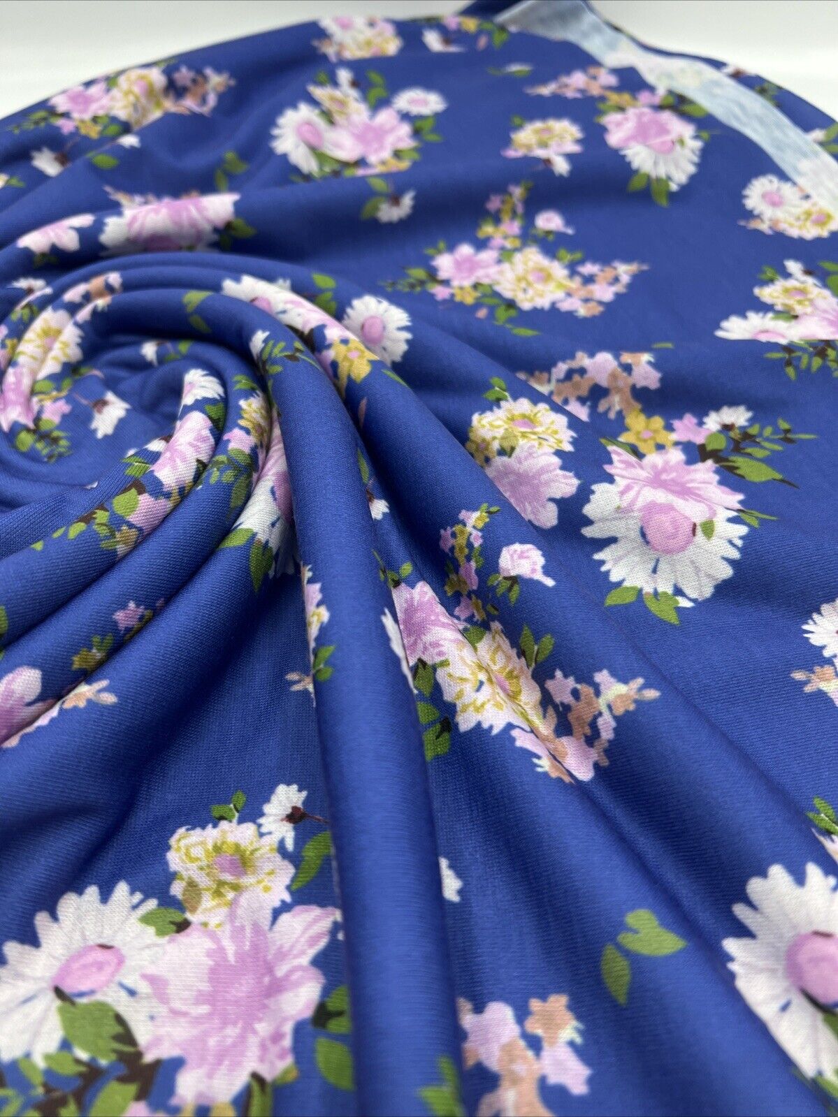 Blue Lilac Floral Print Spun Poly Stretch Fabric - T9 Fabrics