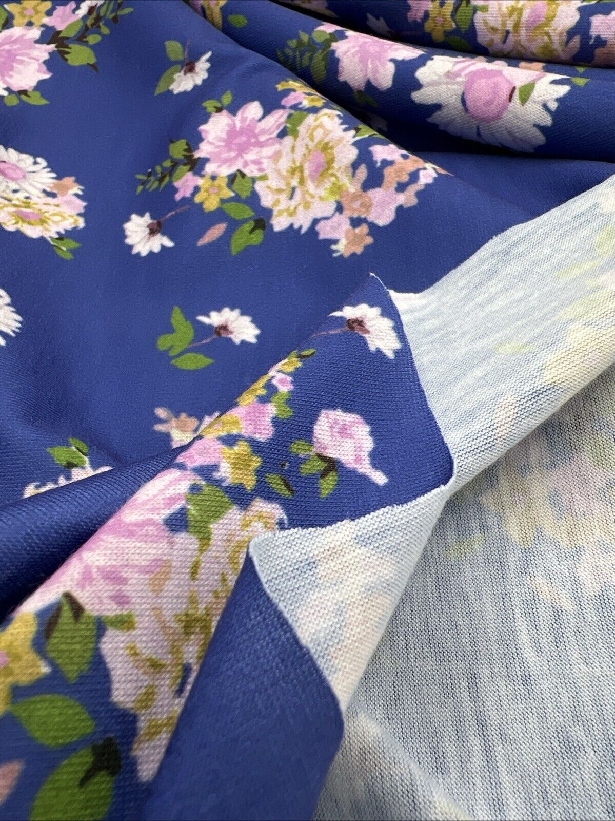 Blue Lilac Floral Print Spun Poly Stretch Fabric - T9 Fabrics