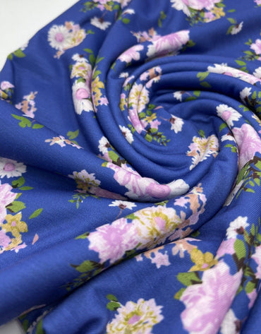 Blue Lilac Floral Print Spun Poly Stretch Fabric - T9 Fabrics