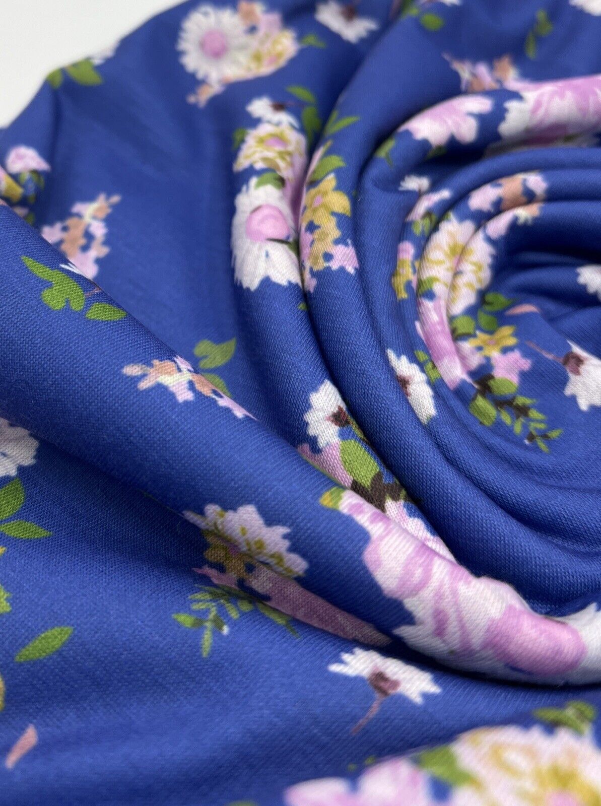 Blue Lilac Floral Print Spun Poly Stretch Fabric - T9 Fabrics