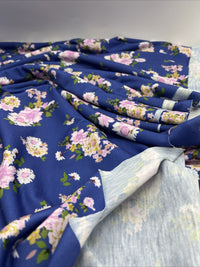 Blue Lilac Floral Print Spun Poly Stretch Fabric - T9 Fabrics