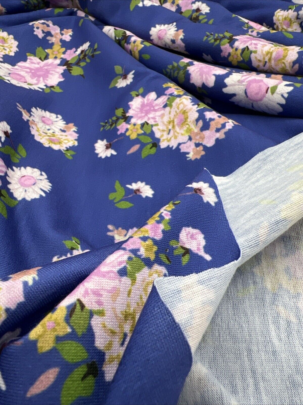 Blue Lilac Floral Print Spun Poly Stretch Fabric - T9 Fabrics