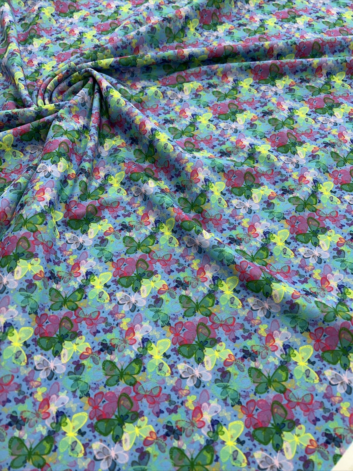 Blue Multi Butterfly Printed Scuba Crepe Jersey Fabric4 Way Stretch - T9 Fabrics