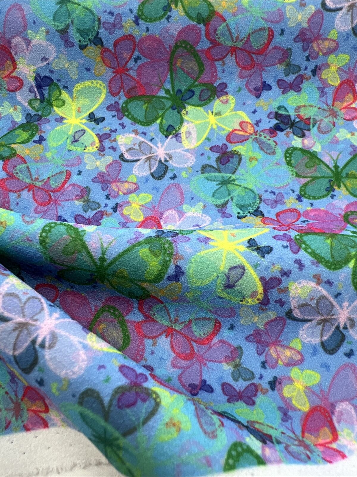 Blue Multi Butterfly Printed Scuba Crepe Jersey Fabric4 Way Stretch - T9 Fabrics