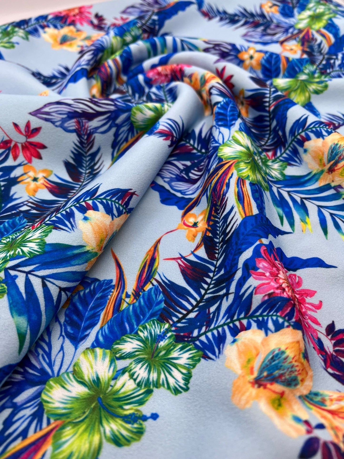 Blue Multi Floral Printed Scuba Crepe Jersey Fabric 4 Way Stretch - T9 Fabrics