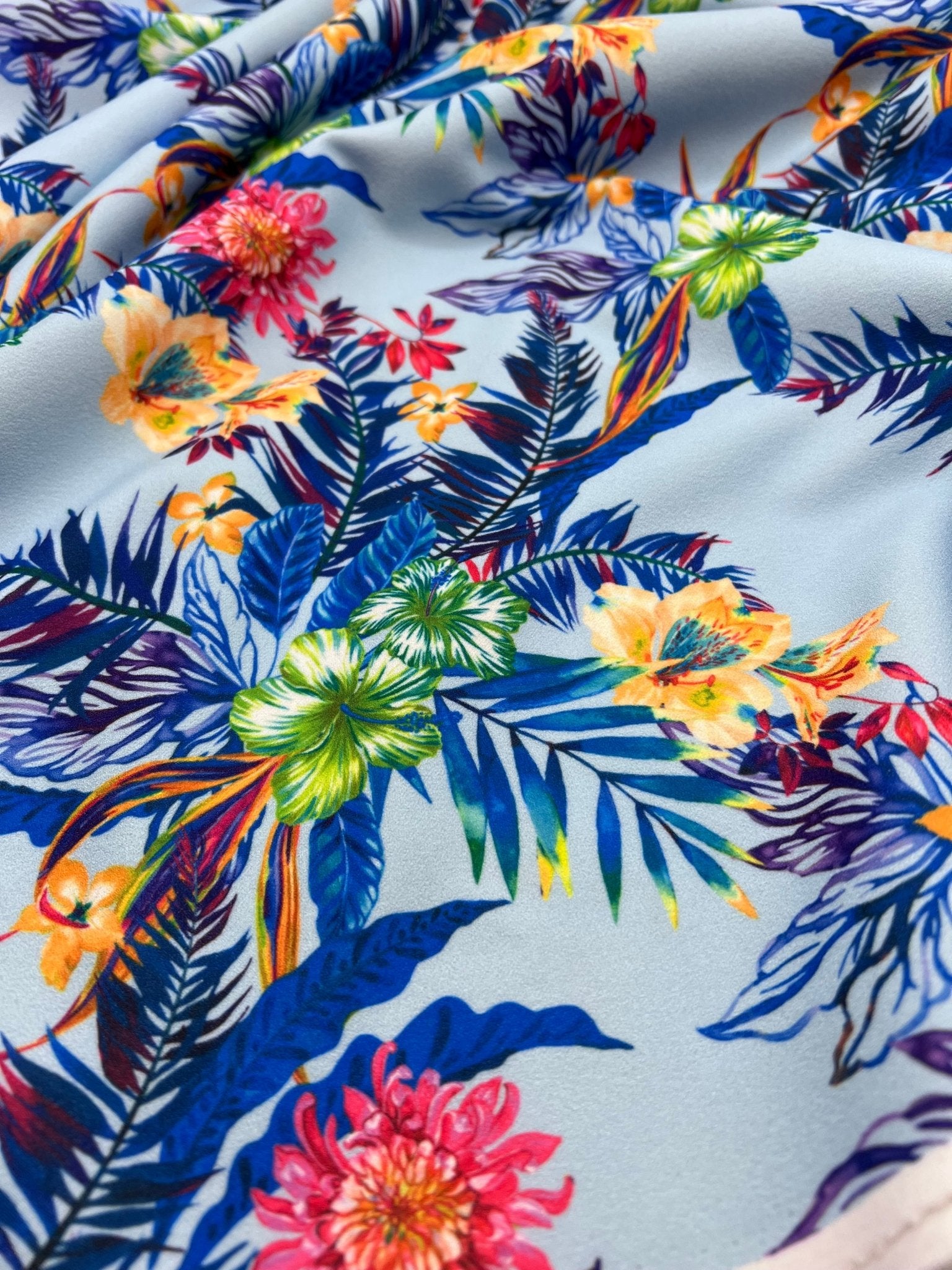 Blue Multi Floral Printed Scuba Crepe Jersey Fabric 4 Way Stretch - T9 Fabrics