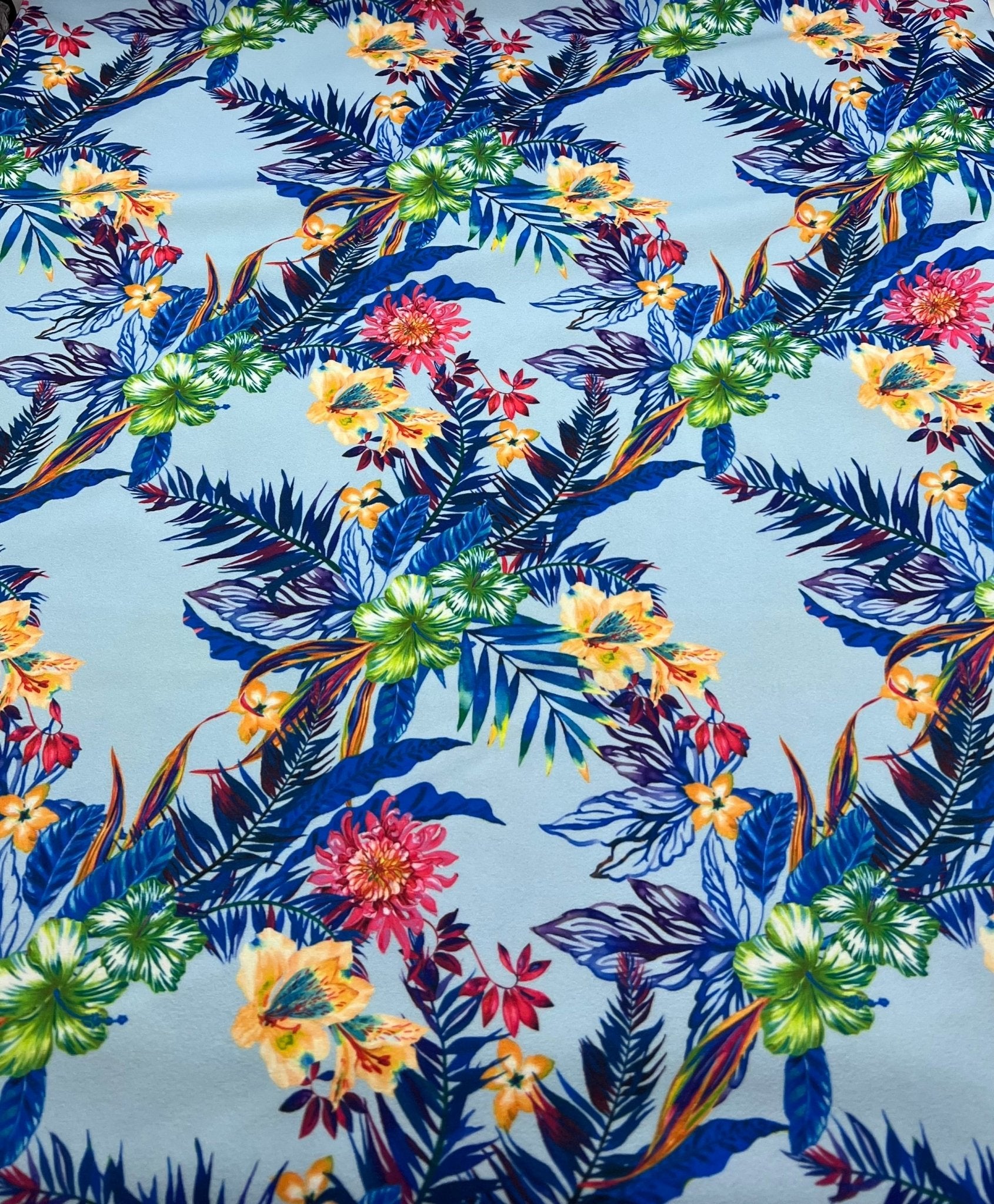 Blue Multi Floral Printed Scuba Crepe Jersey Fabric 4 Way Stretch - T9 Fabrics