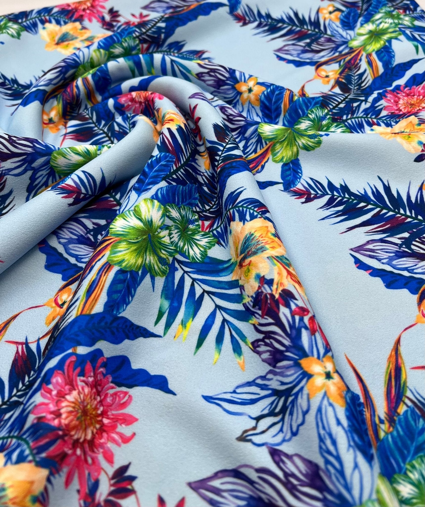 Blue Multi Floral Printed Scuba Crepe Jersey Fabric 4 Way Stretch - T9 Fabrics