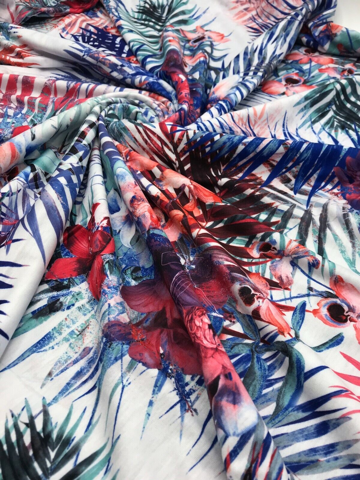 Blue Multi Tropical Print Spun Poly Stretch Fabric - T9 Fabrics