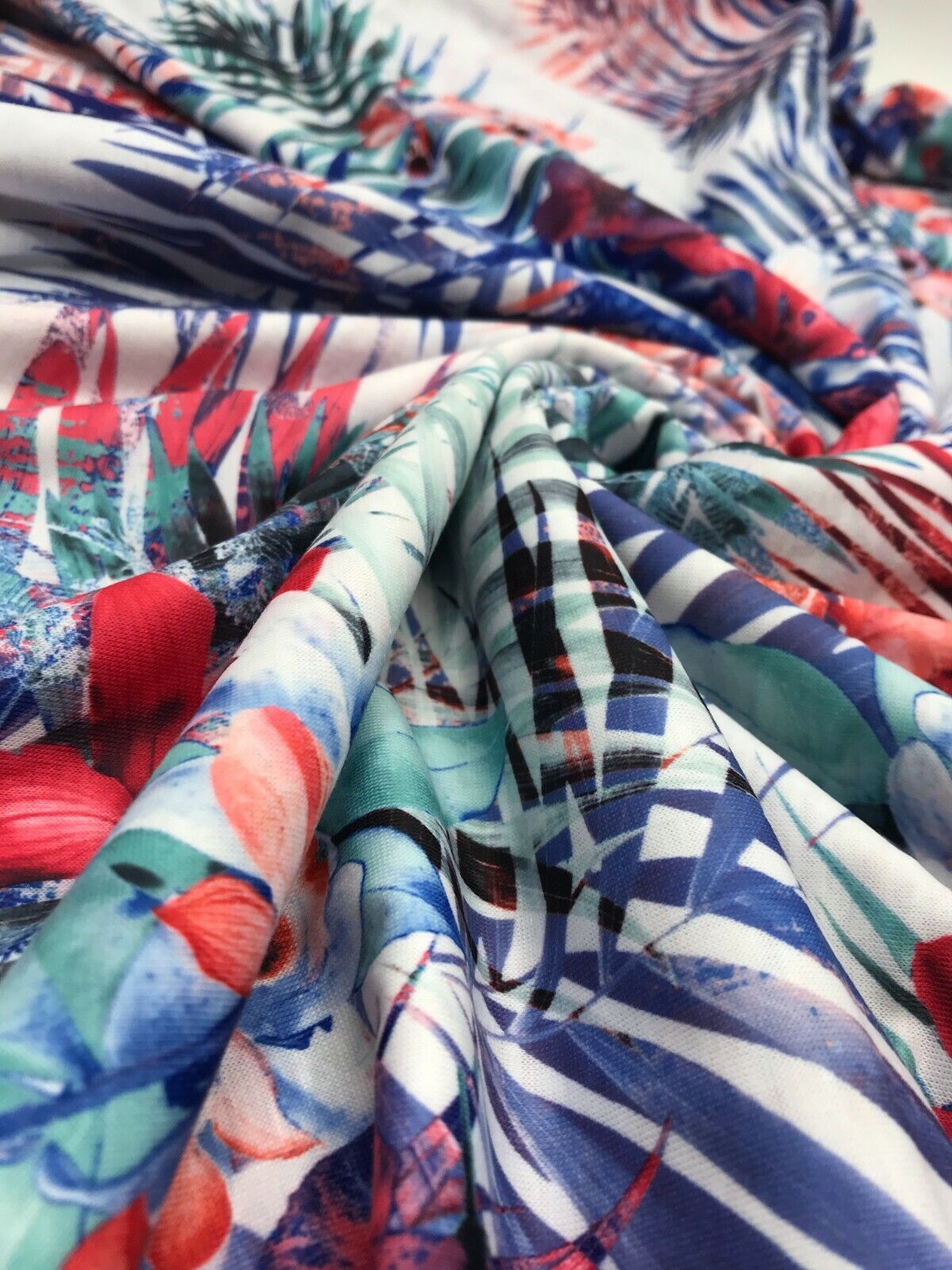 Blue Multi Tropical Print Spun Poly Stretch Fabric - T9 Fabrics