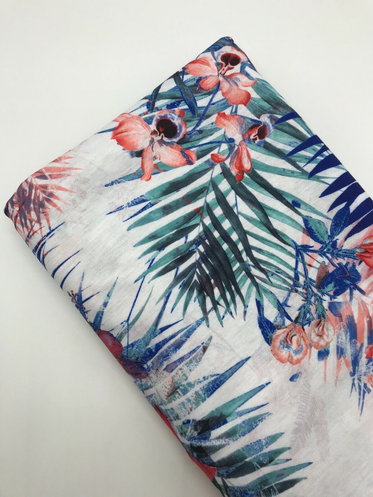 Blue Multi Tropical Print Spun Poly Stretch Fabric - T9 Fabrics