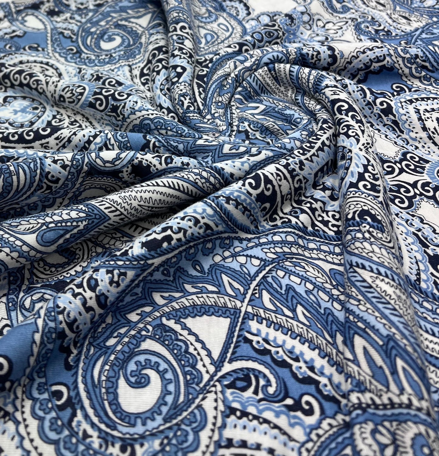 Blue Paisley Mix Print Viscose Elastane Fabric - T9 Fabrics