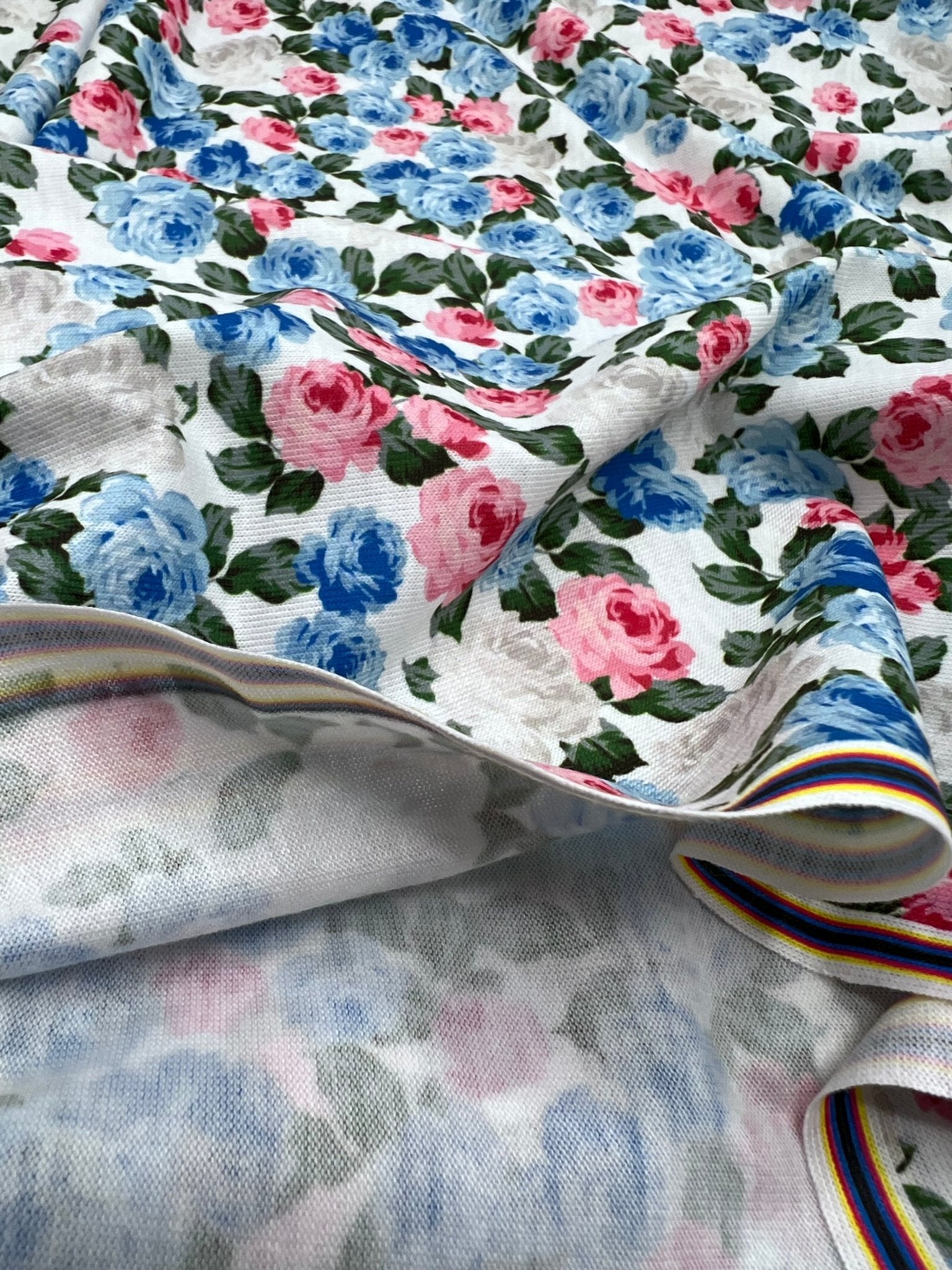 Blue Pink Ditsy Floral Print Spun Poly Stretch Fabric - T9 Fabrics