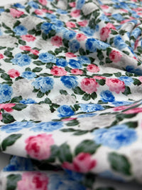 Blue Pink Ditsy Floral Print Spun Poly Stretch Fabric - T9 Fabrics