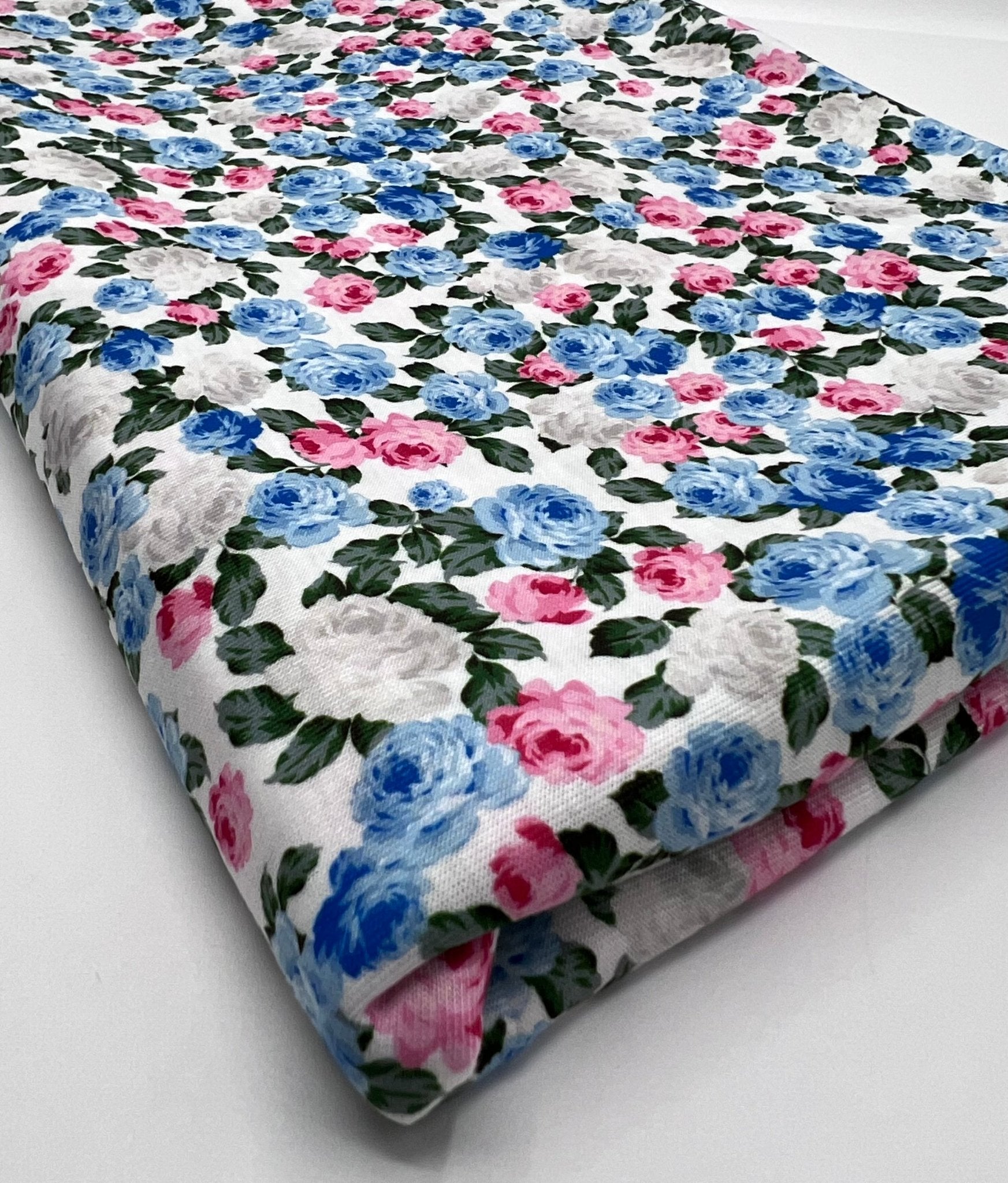 Blue Pink Ditsy Floral Print Spun Poly Stretch Fabric - T9 Fabrics