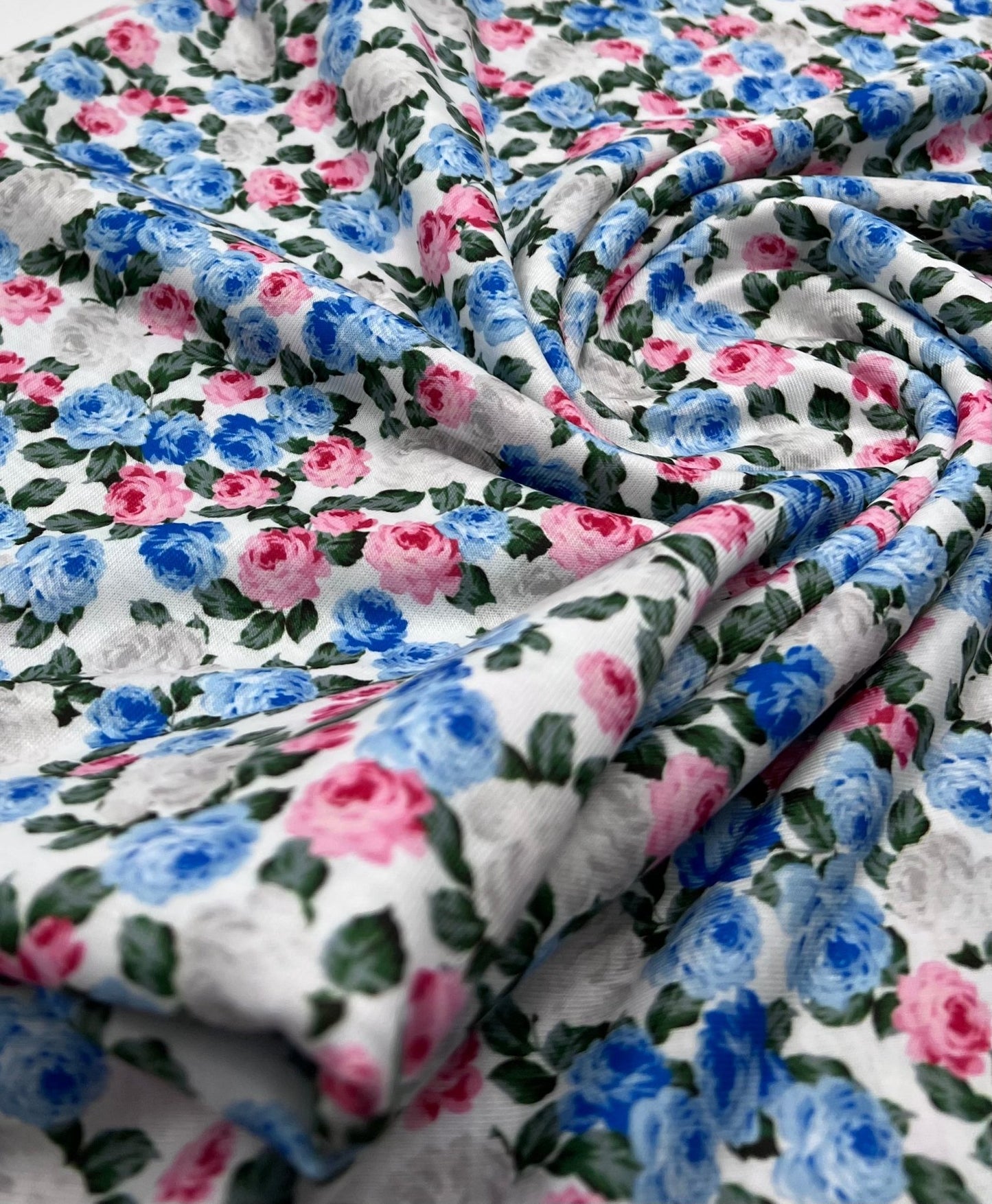 Blue Pink Ditsy Floral Print Spun Poly Stretch Fabric - T9 Fabrics