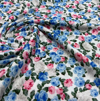 Blue Pink Ditsy Floral Print Spun Poly Stretch Fabric - T9 Fabrics