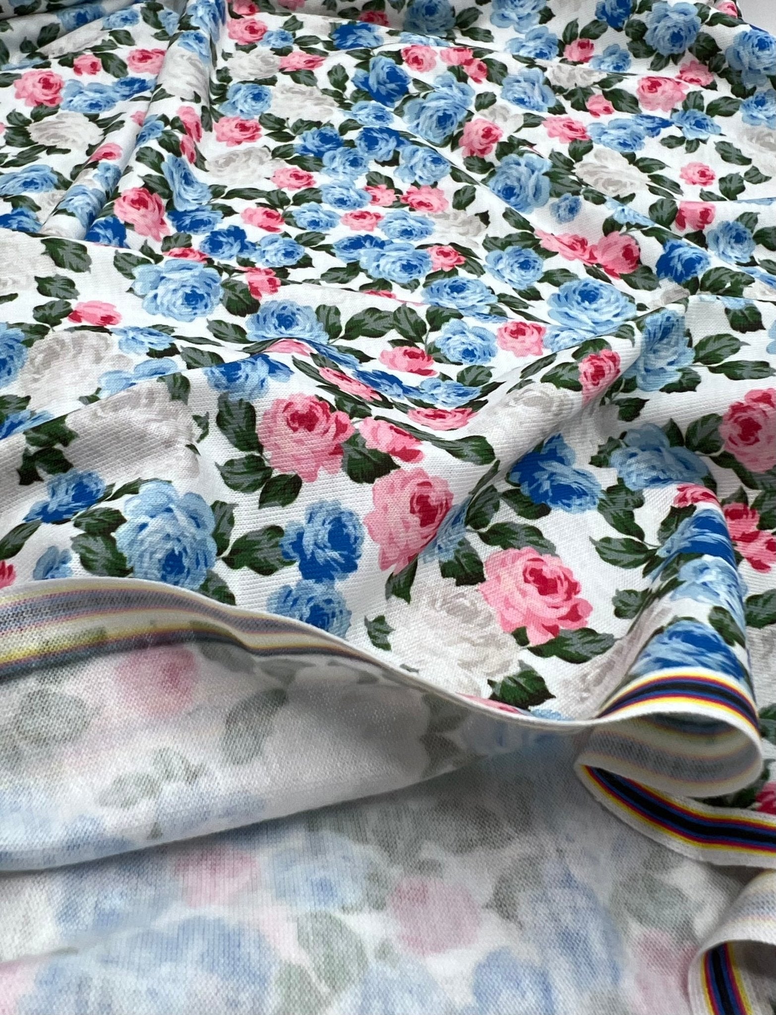 Blue Pink Ditsy Floral Print Spun Poly Stretch Fabric - T9 Fabrics