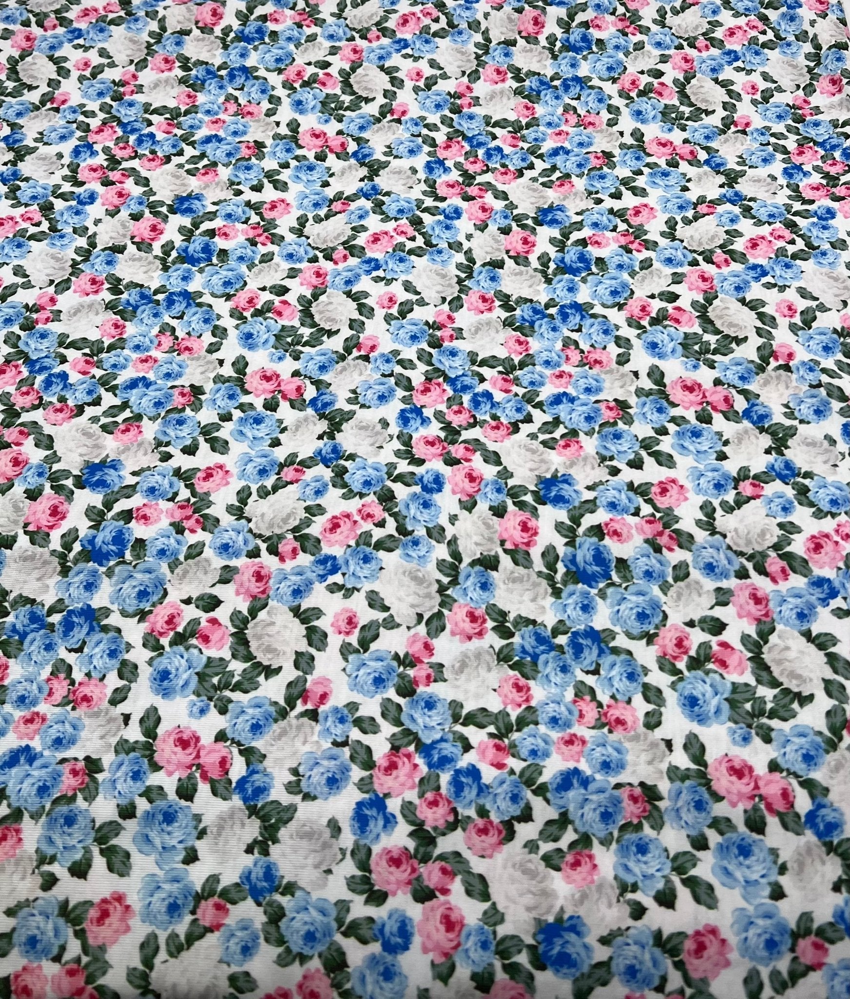 Blue Pink Ditsy Floral Print Spun Poly Stretch Fabric - T9 Fabrics