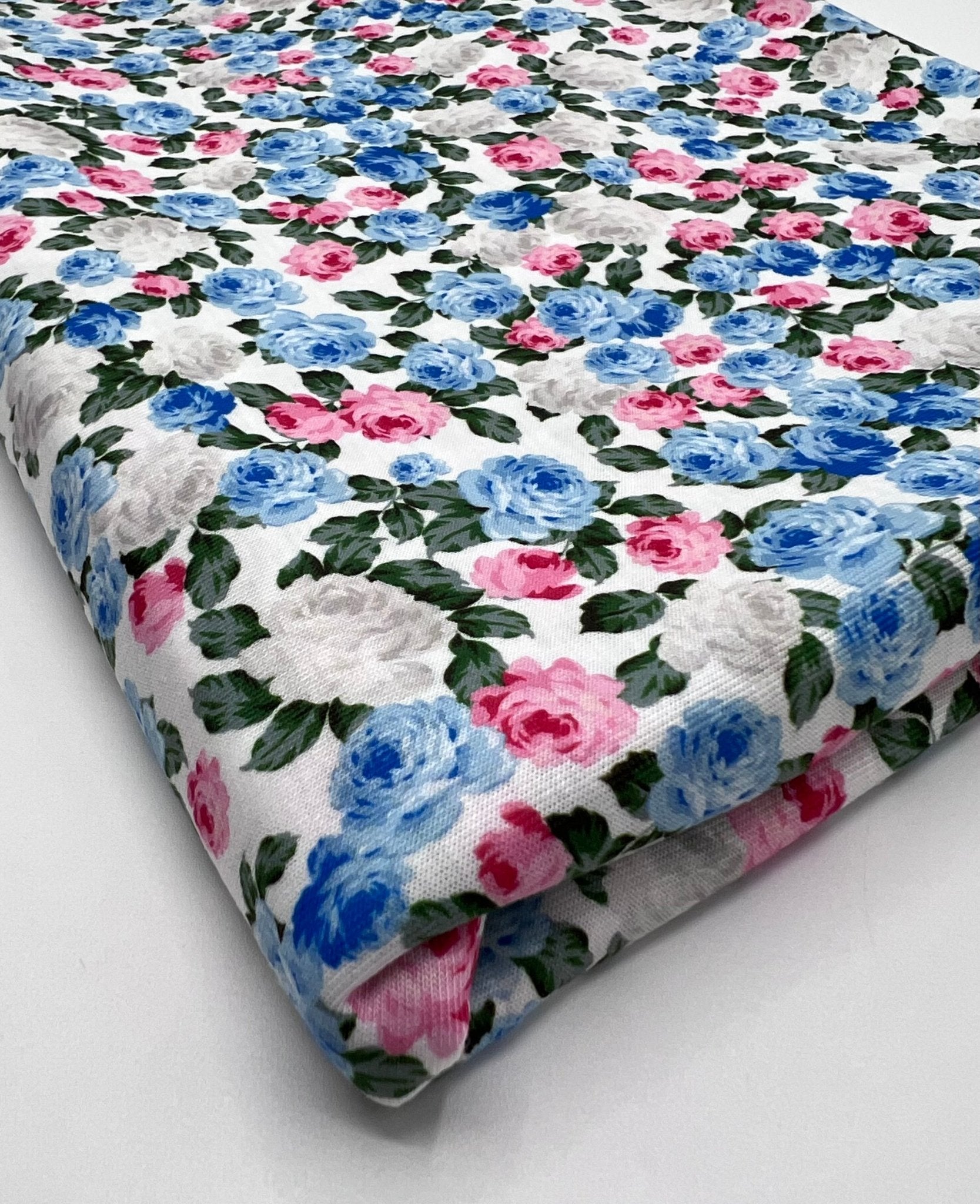 Blue Pink Ditsy Floral Print Spun Poly Stretch Fabric - T9 Fabrics