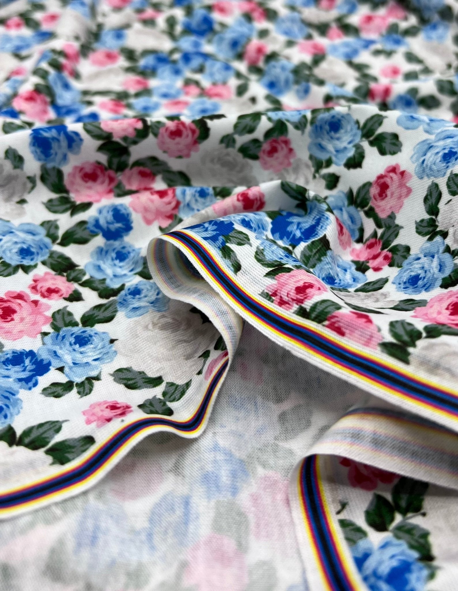 Blue Pink Ditsy Floral Print Spun Poly Stretch Fabric - T9 Fabrics